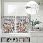 Spring Flowers Kitchen Curtains Set 3 Piece for Windows, Rod Pocket Valance and Tier Set 36 Inch Length, Farmhouse Black Plaid Wood Grain Light Filtering Cafe Curtains for Living Room Bathroom