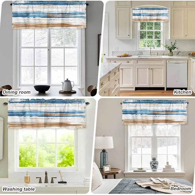 Vintage Blue Valances for Windows, Brown Wood Grain Mottled Texture Abstract Art Kitchen Valance Light Filtering Rod Pocket Short Curtains for Kitchen Bathroom, 1 Panel, 42"x18"