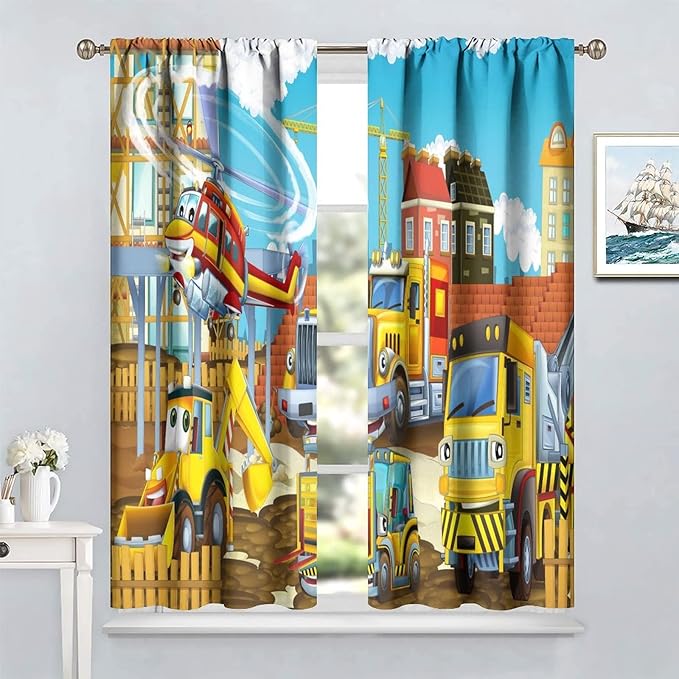 Kids Cartoon Construction Window Curtains, Funny Construction Site Cars and Helicopter Rod Pocket Decorative Windows Curtain for Children Teens Room Decor 55x63in (30% Blackout)