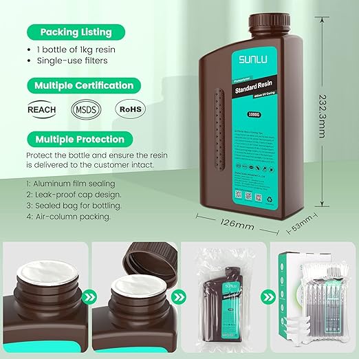 SUNLU 3D Printer Resin 2kg, Fast Curing Standard 3D Resin for LCD DLP SLA Resin 3D Printers, 395 to 405nm UV Curing 3D Printing Liquid Photopolymer Resin, Low Shrinkage, High Precision, 2000g, Orange