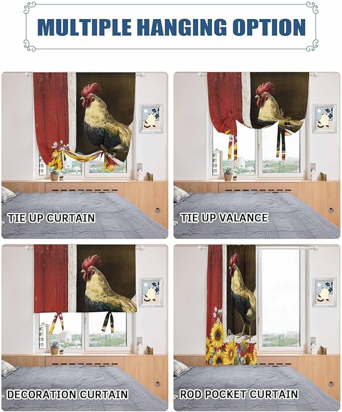 Tie Up Curtains for Windows, Chicken Sunflowers Adjustable Balloon Nature Linen Textured Kitchen Curtain, Farmhouse Animals Red Barn Bees Tie Up Light Filtering Curtains for Decor, 34 x 45 in