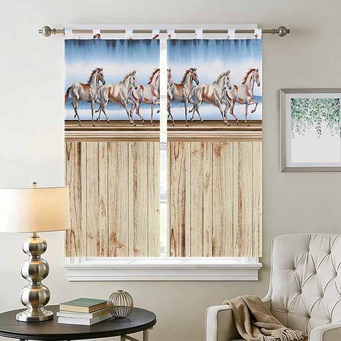 Western Horse Bedroom Curtains 72 Inch Length, Window Curtains Tab Top, Farmhouse Wooden Grain Vintage Cowboy Barn Door Light Filtering Window Treatments Drapes 52"x72" 2 Panel
