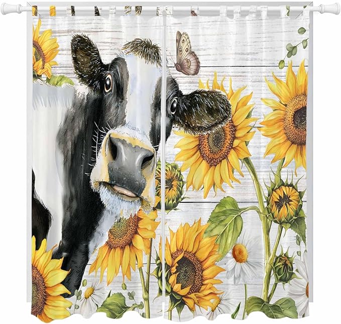 Retro Farmhouse Floral Living Room Curtains 96 Inch Length, Window Curtains Tab Top, Yellow Sunflowers Cows Butterfly Wood Light Filtering Window Treatments Drapes 52"x96" 2 Panel