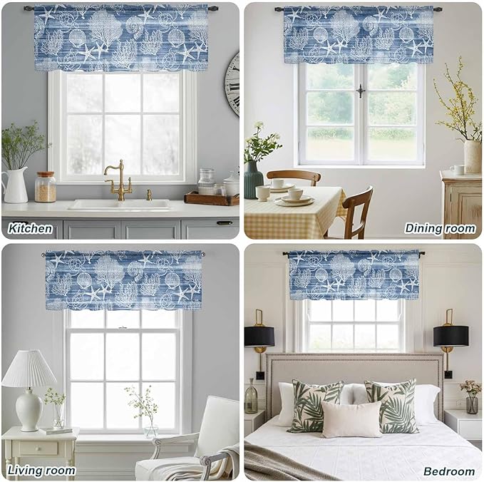 Navy Blue Retro Summer Sheer Valance Curtains, Sea Turtle Starfish Coral Ocean Light Filtering Kitchen Valances Rod Pocket Voile Curtain Window Treatment for Bedroom/Living Room/Basement 60Wx18L
