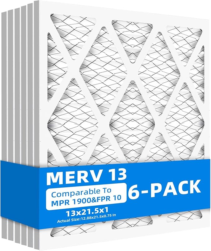 (6 Pack) 13x21 1/2x1 Air Filter, MPR 1900 & FPR 10, MERV 13 Pleated Air Filter (Actual Size: 12.88x21.5x0.75 inch)