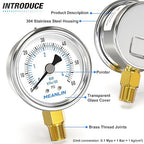 MEANLIN MEASURE 0~60Psi Dry Pressure Gauge Stainless Steel 1/4" NPT 2" FACE DIAL Waterproof for Pool Filter Pump Oil Air Compressor Tire Pressure Tester Lower Mount with 1/2" NPT and 3/8" NPT Hex Bush