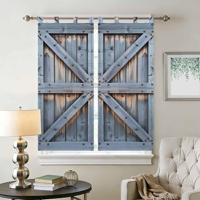 Farmhouse Wood Grain Bathroom Curtains 63 Inch Length, Window Curtains Tab Top, Vintage Country Barn Gate Textured Light Filtering Window Treatments Drapes 52"x63" 2 Panel