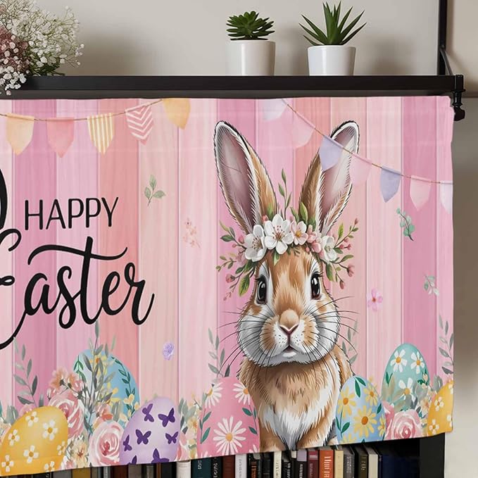 Easter Curtain Valances for Windows, Kitchen Valance Window Treatment, Spring Rabbit Eggs Flowers Flags Leaves Wood Grain Light Filtering Block Curtains for Bathroom/Bedroom/Living Room 54'' x 18''