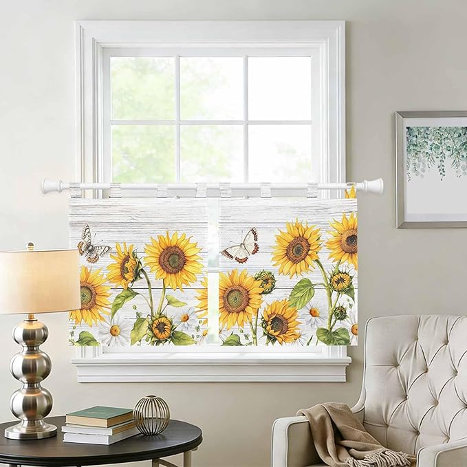 Yellow Sunflowers Kitchen Curtains 36 Inch Length, Small Window Curtains Tab Top, Vintage Country Flowers Butterfly Wood Board Light Filtering Short Window Treatments Tier Drapes 27.5"x36" 2 Panel