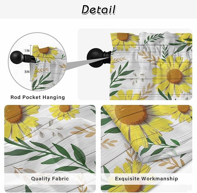 Yellow Daisy Kitchen Curtains, Farmhouse Country Flower Leaf Plant Wood Grain Light Filtering Window Curtain Panels, 2Pcs Rod Pocket Window Treatments Set for Cabin Bathroom Bedroom 52x45 Inches