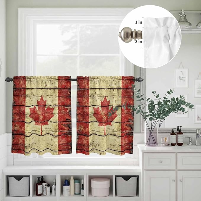 Kitchen Curtains Tiers and Valance Set of 3, Canada Light Filtering Window Curtain Set, Red Maple Leaf Flag Farmhouse Shabby Wooden Grain Rod Pocket Curtain Drapes for Living Room, 24 Inches Tiers