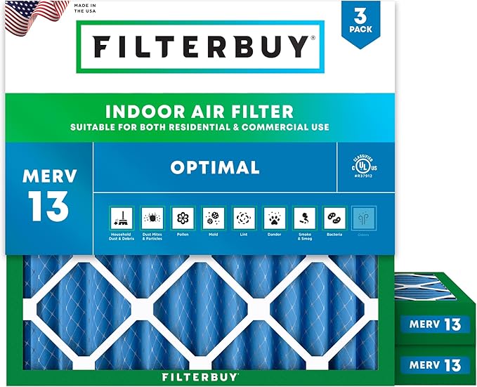 Filterbuy 24x24x2 Air Filter MERV 13 Optimal Smoke & Allergy Defense (3-Pack), Electrostatic Pleated HVAC AC Furnace Filters Replacement, Made in USA (Actual Size: 23.38 x 23.38 x 1.75)