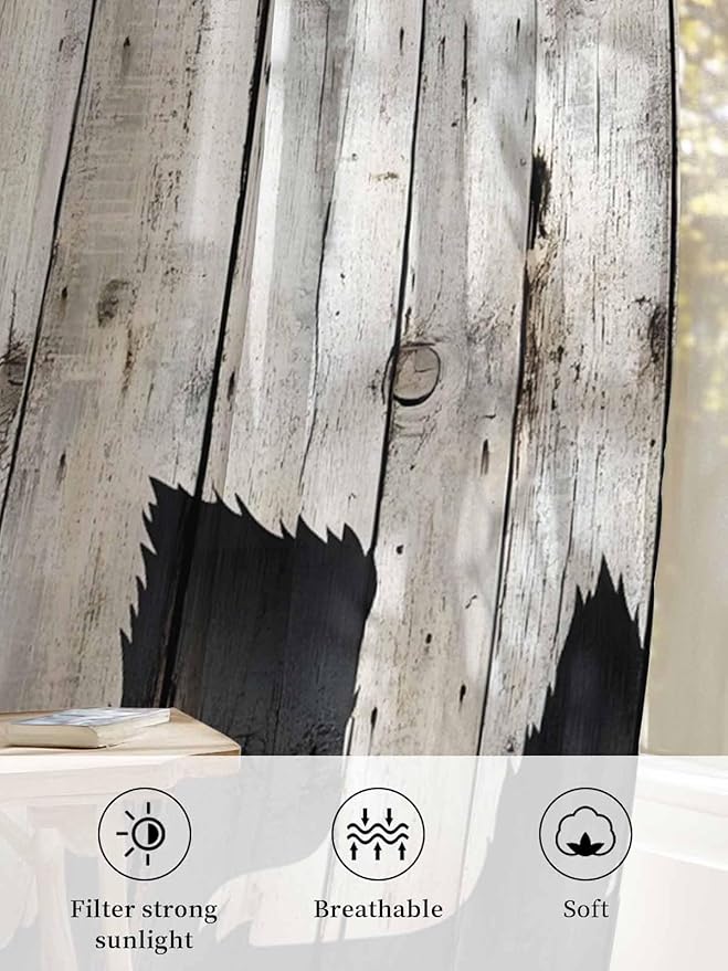 Sheer Curtains 108 Inches Long, White Brown Bear Semi Sheer Curtains Light Filtering Window Treatment, Rustic Counrty Vintage Wood Grain Privacy Voile Drapes for Living Room Bedroom 52x108 Inch