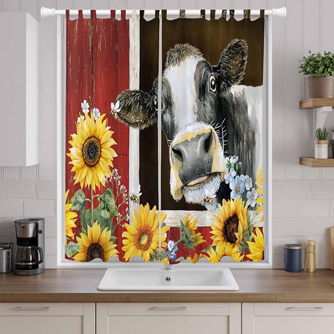 Cows Sunflowers Living Room Curtains 96 Inch Length, Window Curtains Tab Top, Rustic Farms Barns Flowers Bees Animals Light Filtering Window Treatments Drapes 52"x96" 2 Panel