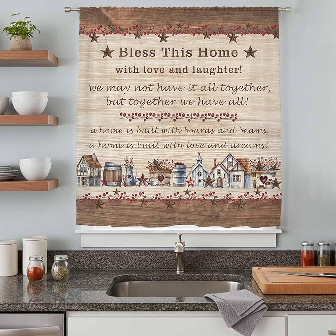 Farmhouse Sheer Curtains 63 Inch Length Brown Country Star Berry Vintage Wood Grain Chiffon Curtain for Bedroom Living Room Light Filtering Rod Pocket Window Treatments Voile Curtains Drapes