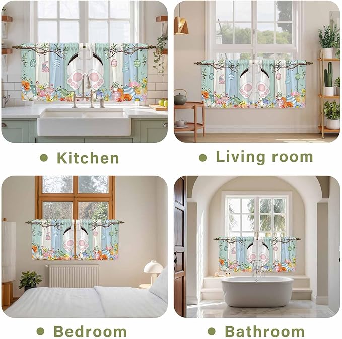 Easter Kitchen Tier Curtains 24 Inch Long 2 Panel Set,Rod Pocket Cafe Small Window Curtains Over Sink,Spring Watercolor Bunny Eggs Wood Grain Teal Blue Light Filtering Short Drapes 27.5"W x 24"L
