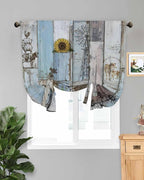 Tie Up Curtains for Windows, Blue Grey Wooden Adjustable Balloon Nature Linen Textured Kitchen Curtain, Farmhouse Barn Sunflowers Retro Blackout Curtains for Living Room, 46 x 63 Inches