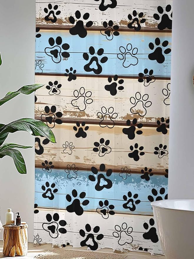 Sheer Curtains 84 Inches Long, Blue Brown Paw Prints Semi Sheer Curtains Light Filtering Window Treatment, Vintage Farmhouse Rustic Wooden Grain Privacy Voile Drapes for Living Room Bedroom 52x84 Inch