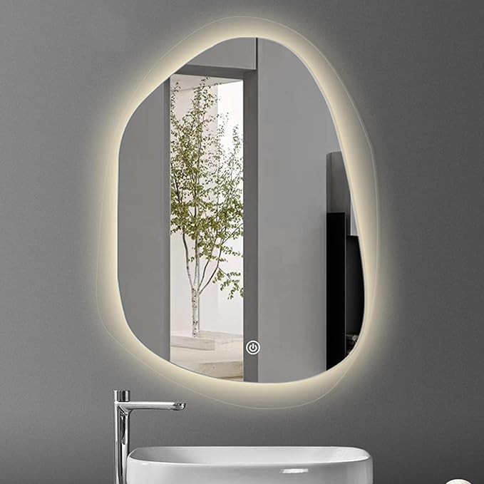 Irregular Bathroom Mirror with LED Light, Lighted Bathroom Makeup Wall Mounted Mirror with Demister Pad, 3 Colors Dimmable Lighting, Sensor Touch Switch(A,50x70cm)