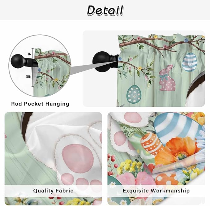 Easter Kitchen Curtains 45 Inch Long 2 Panel Set, Rod Pocket Window Treatment, Spring Watercolor Bunny Eggs Wooden Grain Green Light Filtering Short Curtains & Drapes for Bathroom Laundry 52"W x 45"L