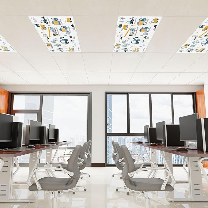 6 Pcs Fluorescent Light Covers for Ceiling Lights Construction Vehicles Machinery Trucks Cranes Cement Mixers Blue Decorative Magnets Light Filters for Office Home Classroom Must Haves 4’ x 2’