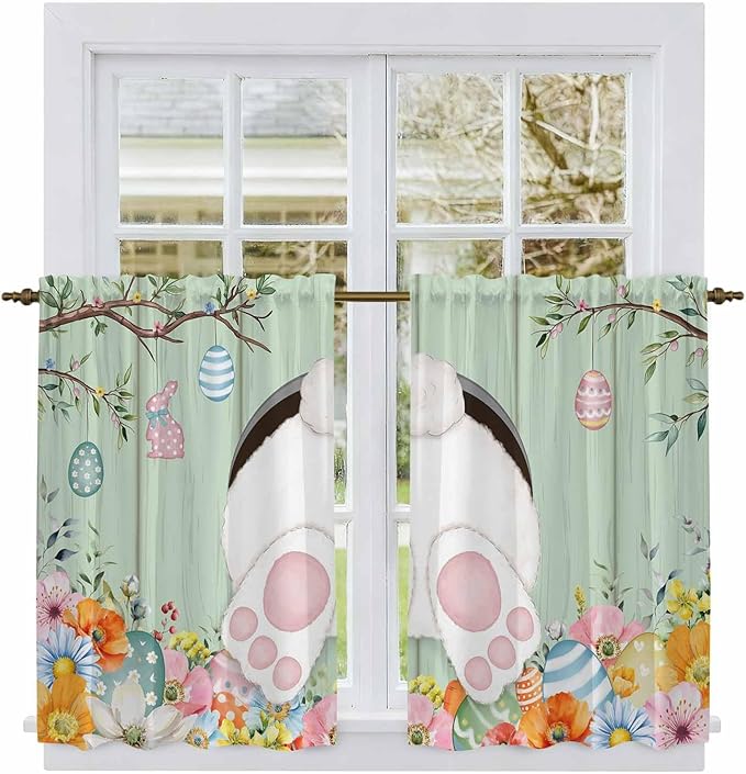 Easter Kitchen Curtains 45 Inch Long 2 Panel Set, Rod Pocket Window Treatment, Spring Watercolor Bunny Eggs Wooden Grain Green Light Filtering Short Curtains & Drapes for Bathroom Laundry 52"W x 45"L