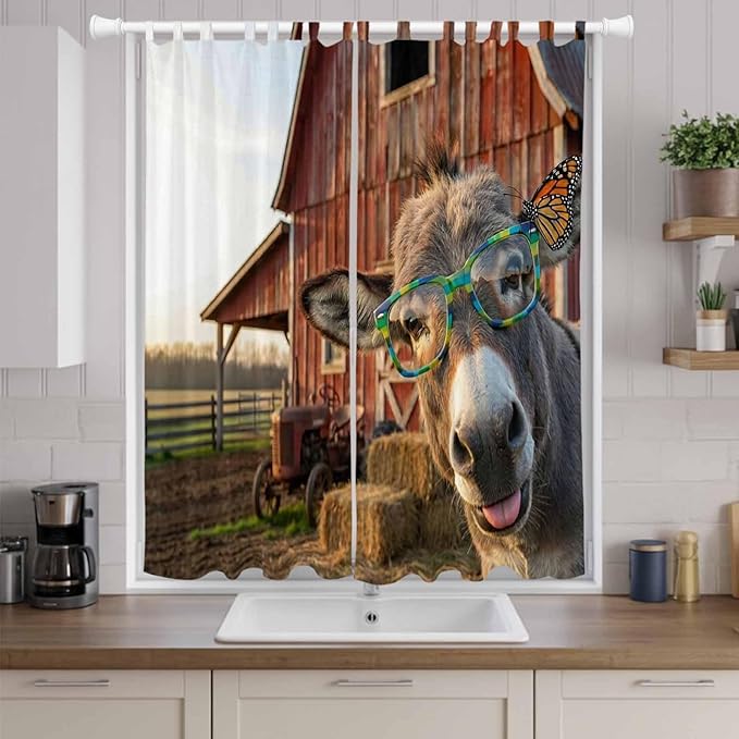 Farm Donkeys Living Room Curtains 96 Inch Length, Window Curtains Tab Top, Farmhouse Barn Funny Animals Butterfly Light Filtering Window Treatments Drapes 52"x96" 2 Panel