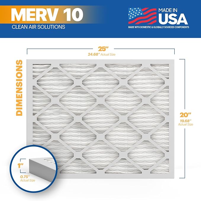 BNX TruFilter 20x25x1 MERV 10 (2-Pack) AC Furnace Air Filter - MADE IN USA - Pleated Air Conditioner HVAC AC Furnace Filters - Removes Odor, Mold, Bacteria, Smoke