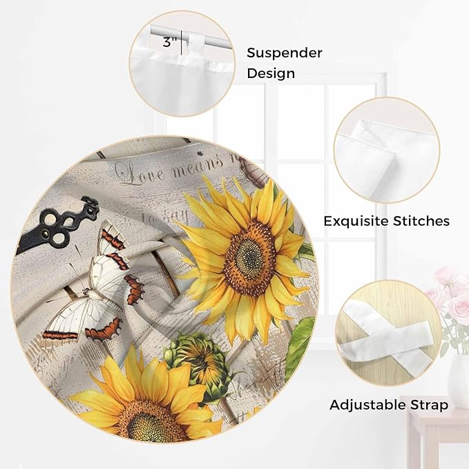 Farm Flowers Kitchen Curtains 24 Inch Length, Small Window Curtains Tab Top, Retro Sunflowers Barn Doors Butterfly Wood Board Light Filtering Short Window Treatments Tier Drapes 27.5"x24" 2 Panel