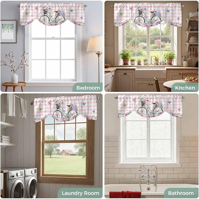 Spring Tie Up Valance Curtains for Windows, Kitchen Curtains Window Shades, Bicycles Leaves Butterfly Flowers Pink Buffalo Plaid Light Filtering Curtain Valances for Bedroom/Bathroom/Cafe 42"x12"