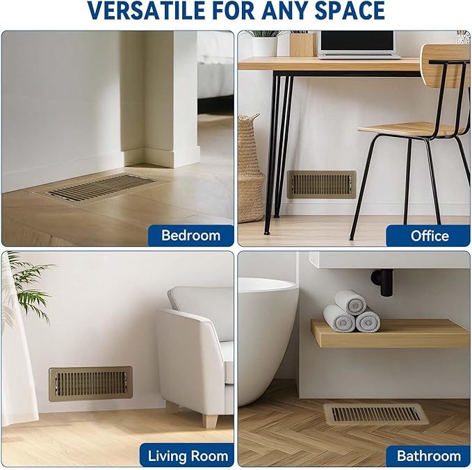 4" x 12" Floor Register Vent Covers 4-Pack, Walkable Powder-Coated Metal Vent Covers with Adjustable Airflow, Curved Safe Edges for Floor/Wall, Brown
