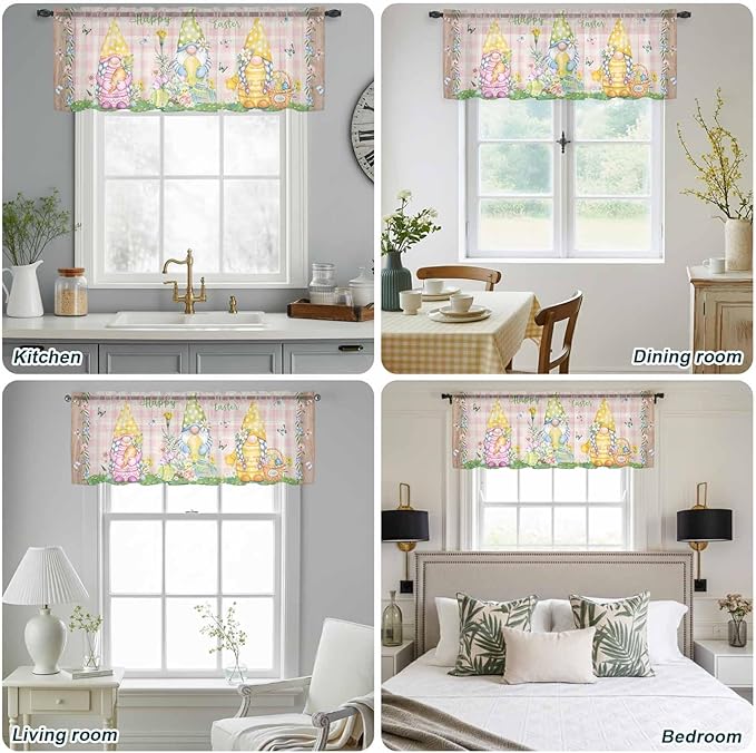 Happy Easter Sheer Valances for Windows 54"x18", Light Filtering Kitchen Curtains Valance, Spring Gnomes Duck Floral Eggs Pink Plaid Rod Pocket Chiffon Curtains for Living Room Bedroom Cafe