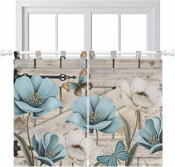 Teal Blue Tulips Kitchen Curtains 45 Inch Length, Short Cafe Window Curtains Tab Top, Spring Floral Barn Doors Vintage Wood Beige Light Filtering Window Treatments Tier Drapes 27.5"x45" 2 Panel