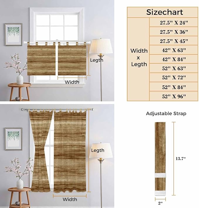Vintage Western Kitchen Curtains 24 Inch Length, Small Window Curtains Tab Top, Rustic Farmhouse Wooden Grain Barn Door Light Filtering Short Window Treatments Tier Drapes 27.5"x24" 2 Panel