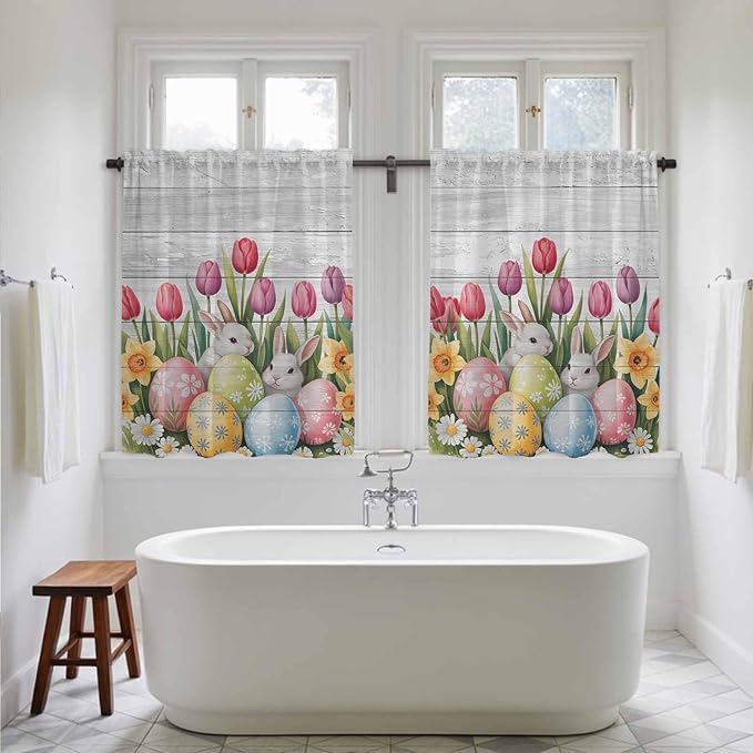 Easter Kitchen Tier Curtains 45 Inch Long 2 Panel Set,Rod Pocket Short Window Treatment,Retro Spring Bunny Eggs Tulip Farm Wooden Grain Light Filtering Curtains & Drapes for Bathroom 27.5"W x 45"L