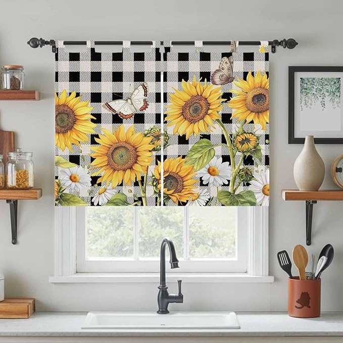 Sunflowers Bedroom Curtains 63 Inch Length, Window Curtains Tab Top, Yellow Flowers Butterfly Farmhouse Black Plaid Light Filtering Window Treatments Drapes 42"x63" 2 Panel
