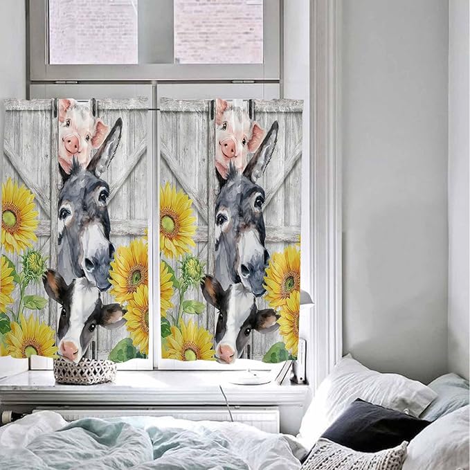 Farmhouse Kitchen Curtains 54 Inches length, Watercolor Sunflowers Animals Printed Wood Grain Window Treatment Curtain Drapes, Decorative Window Curtains for Bedroom Cafe, 52"x54", 2 Panels