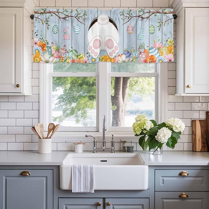 Easter Curtain Valances for Windows, Kitchen Valance Window Treatment, Spring Watercolor Bunny Eggs Flower Wood Grain Blue Light Filtering Block Curtains for Bathroom/Bedroom/Living Room 54'' x 18''