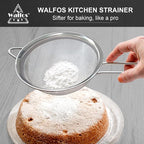 Walfos 6.3 Inch Fine Mesh Strainer, Premium Stainless Steel Sieve and Sifter with Handle, Kitchen Metal Strainers for Rice, Quinoa, Fruits, Noodles, Flour