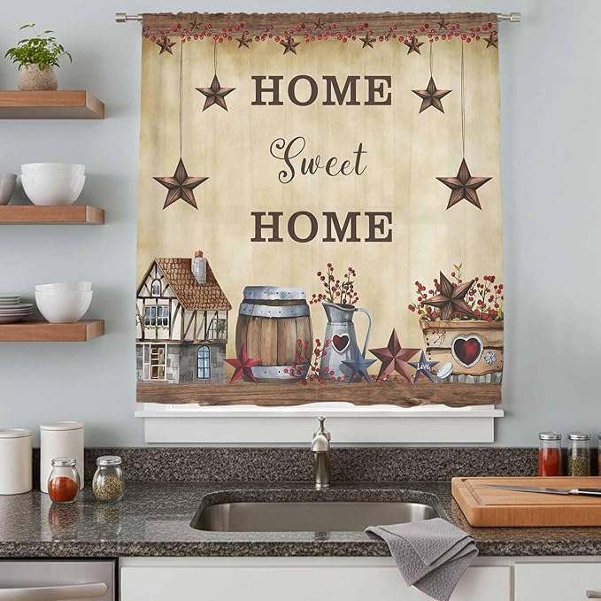Farm Sheer Curtains 108 Inch Length American Country Barn Star Vintage Berry Brown Chiffon Curtain for Bedroom Living Room Light Filtering Rod Pocket Window Treatments Voile Curtains Drapes for Dining