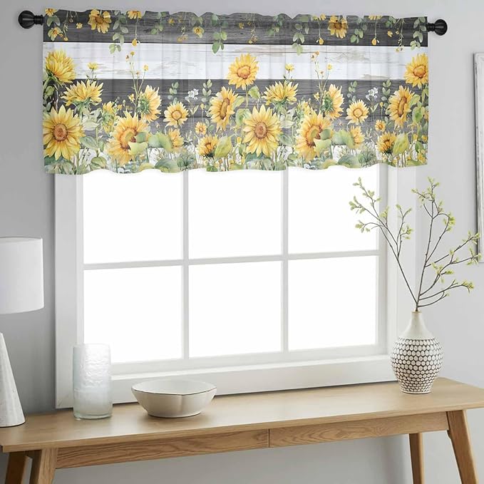 Summer Floral Sheer Valance Curtains, Watercolor Sunflower Eucalyptus Leaves Black Wood Grain Light Filtering Kitchen Valances Rod Pocket Voile Curtain for Bedroom/Living Room/Basement 42Wx12L