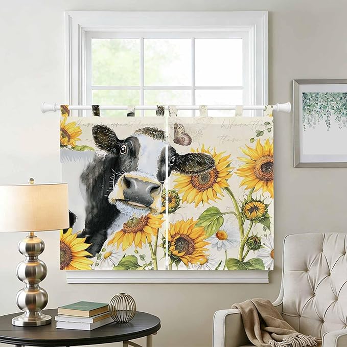 Yellow Sunflowers Bedroom Curtains 63 Inch Length, Window Curtains Tab Top, Country Cow Flower Butterfly Farmhouse Cream Light Filtering Window Treatments Drapes 42"x63" 2 Panel