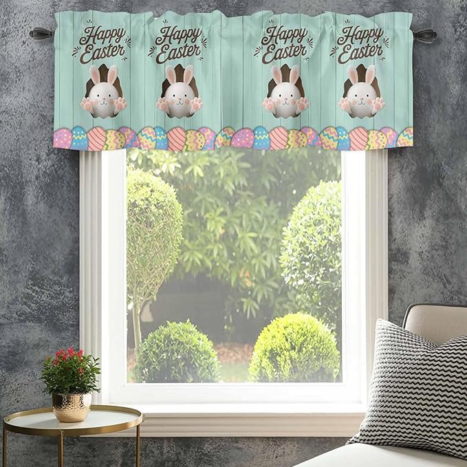 Green Easter Curtain Valances for Windows, Kitchen Valance Window Treatment, Spring Cartoon Bunny Colorful Eggs Wood Grain Light Filtering Block Curtains for Bathroom/Bedroom/Living Room 54'' x 18''