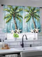 Sheer Curtains 54 Inch Length, Coastal Beach Starfish Semi Sheer Curtains Light Filtering Window Treatment, Blue Green Tropical Palm Tree Wood Grain Privacy Voile Drapes for Living Room 52x54 Inch