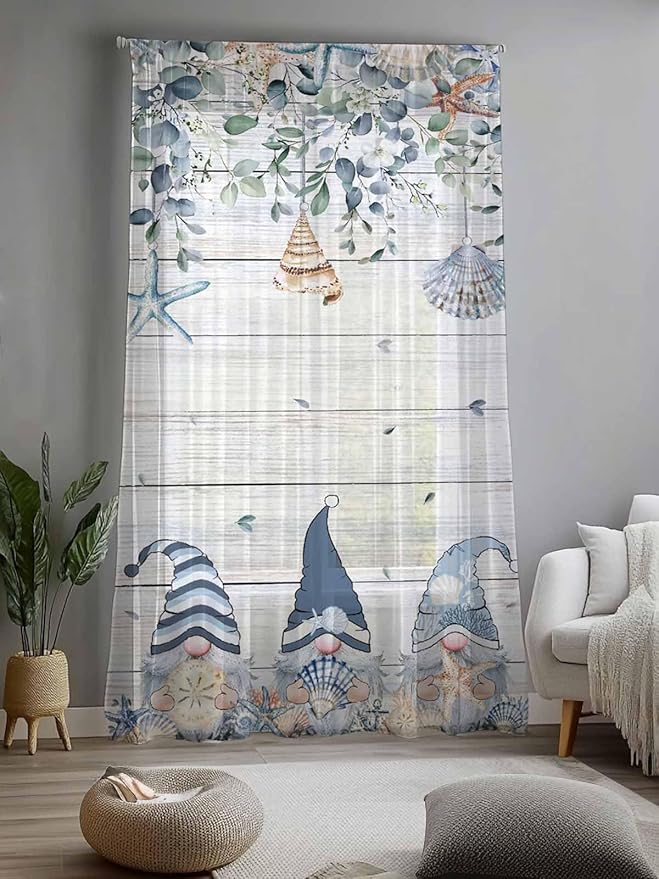 Sheer Curtains 108 Inches Long, Coastal Eucalyptus Leaf Semi Sheer Curtains Light Filtering Window Treatment, Ocean Blue Gnomes Starfish Wood Grain Privacy Voile Drapes for Living Room 52x108 Inch