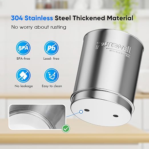 Purewell 1.5G Gravity Water Filter System, 3-Stage 0.01μm Ultra-Filtration Stainless Steel Countertop System with 2 Filters and Stand, Reduce 99% Chlorine, PW-MKS