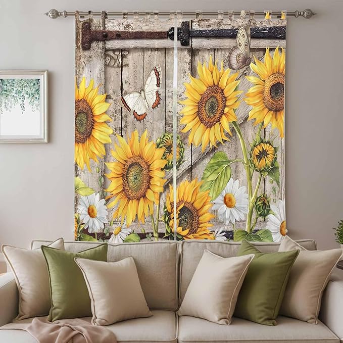 Farmhouse Sunflowers Living Room Curtains 96 Inch Length, Window Curtains Tab Top, Rustic Barn Doors Flowers Butterfly Wooden Light Filtering Window Treatments Drapes 52"x96" 2 Panel