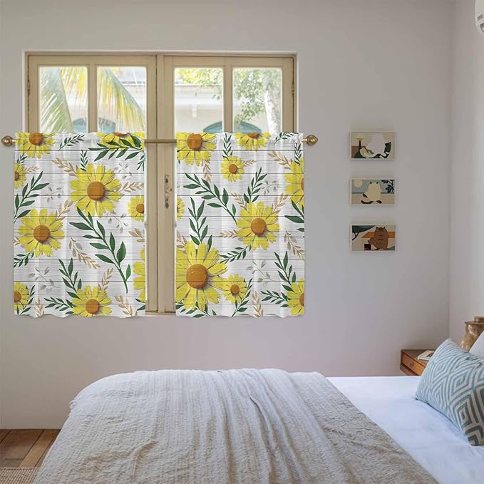 Yellow Daisy Kitchen Curtains, Farmhouse Country Flower Leaf Plant Wood Grain Light Filtering Window Curtain Panels, 2Pcs Rod Pocket Window Treatments Set for Study Room Bathroom Bedroom 52x54 Inches