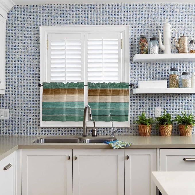 Vintage Plank Turquoise Brown Window Valance Curtains, Farmhouse Wood Grain Light Filtering Kitchen Valance with 3-inch Rod Pocket for Living Room Bathroom Bedroom,2 Panel,27.5x36In