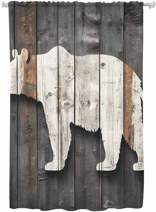 Sheer Curtains 72 Inches Long, Vintage White Brown Bear Semi Sheer Curtains Light Filtering Window Treatment, Retro Country Rustic Wood Grain Privacy Voile Drapes for Living Room Bedroom 52x72 Inch